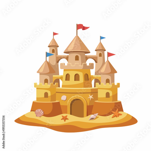 A beautiful sand castle featuring towers with flags and decorated with seashells, evoking a sense of childhood memories and summer beach fun, capturing the essence of beach life.