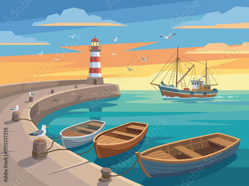 A coastal landscape featuring a classic lighthouse with fishing boats in the foreground, emphasizing the tranquil beauty of seaside life and the harmony of nature and human activity.