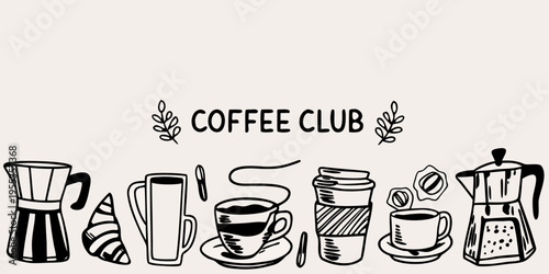 A hand drawn illustration of coffee brewing equipment and pastries