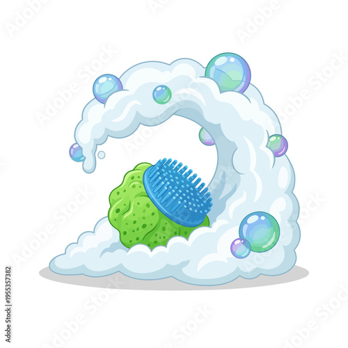 This vibrant image features a playful green sponge with a blue scrubber in a creative foam wave, highlighting the joy of cleaning and the refreshing essence of cleanliness.