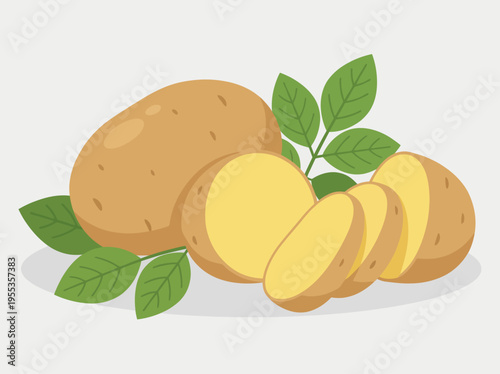 A simple yet vivid illustration showcasing freshly harvested potatoes alongside green leaves, highlighting the natural produce and the connection between nature and everyday cooking.