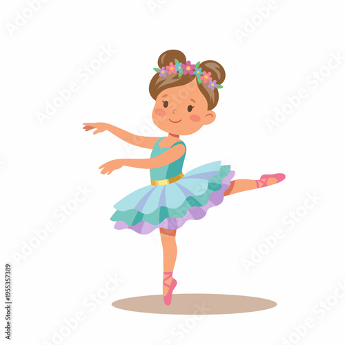 A joyful young girl in a tutu with a floral crown dances gracefully, embodying the spirit of art and childhood exuberance through ballet and joyous expression.