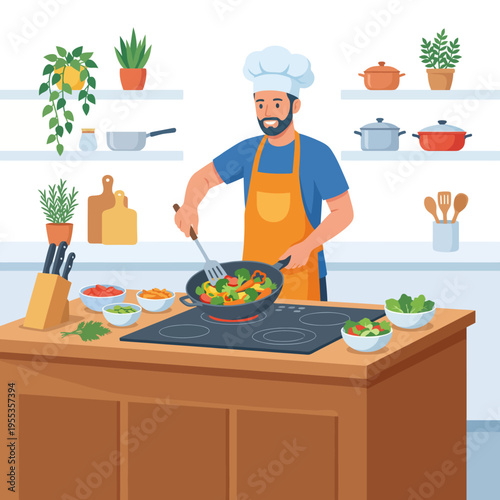 This vibrant scene illustrates a skilled chef skillfully cooking a colorful medley of vegetables in a modern kitchen, celebrating culinary creativity and the joy of healthy cooking.