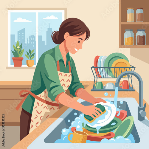 A cheerful woman in a green shirt and apron joyfully washes dishes in a bright kitchen, symbolizing domesticity, happiness, and the beauty of everyday tasks.
