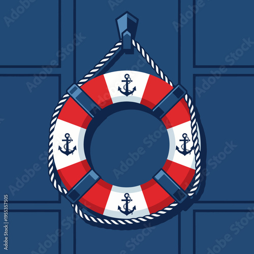 A vivid illustration of a life preserver ring, adorned with anchors, symbolizing safety at sea, emphasizing nautical themes and the importance of being prepared in maritime environments.