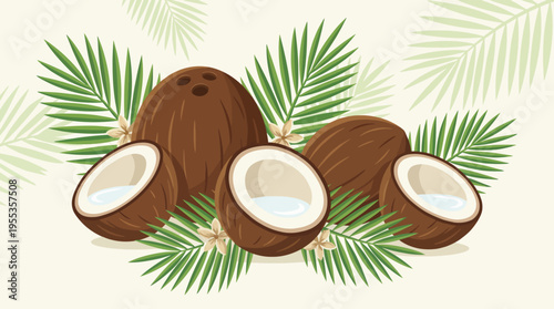 A visually appealing arrangement of coconuts nestled among vibrant green palm leaves, embodying tropical vibes, freshness, and the allure of exotic fruits.