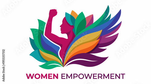 A vibrant artistic representation of women empowerment, featuring colorful silhouettes and abstract shapes, symbolizing strength, freedom, diversity, and unity among women.
