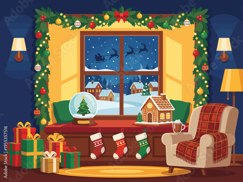 This charming winter window scene captures the essence of the holiday season with festive decorations, a cozy setting, and the warmth of home during chilly nights.