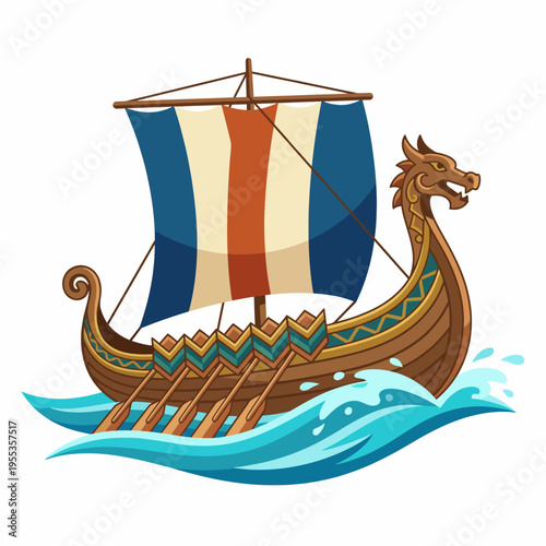 This vibrant Viking ship features a beautifully designed sail in blue, red, and white, indicating adventure on the open sea while showcasing rich cultural history.