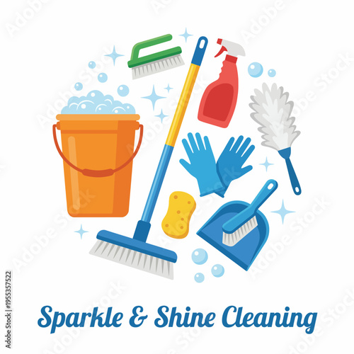 A collection of cleaning tools including a bucket, broom, gloves, and spray bottle, illustrating the essence of cleanliness and domestic care in a vibrant and engaging manner.