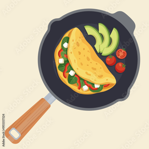This scrumptious omelette showcases fresh spinach, tomatoes, and feta cheese, cooked to perfection in a black skillet, representing healthy cooking and lifestyle.
