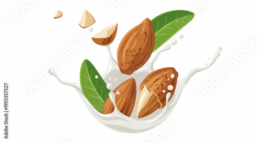 This vibrant image showcases almonds splashing in creamy milk with green leaves, emphasizing nutrition, health, and the freshness of natural ingredients in a delightful manner.