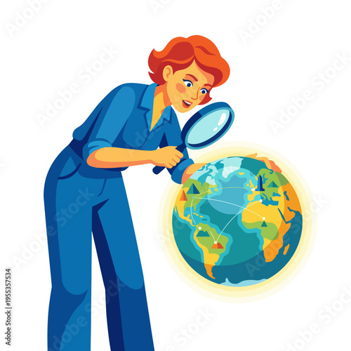 An illustration capturing a woman examining a globe with a magnifying glass, symbolizing curiosity, exploration, and the human desire to learn about the world and its wonders.