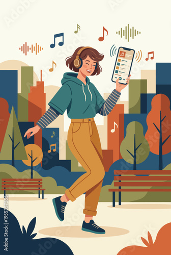 A cheerful young woman enjoys her favorite music while dancing in an urban park, capturing the essence of happiness and connection through sound.