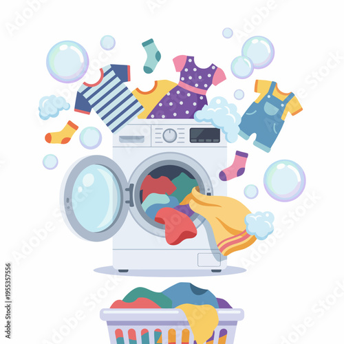 The lively illustration shows a washing machine overflowing with vibrant colored clothes and bubbles, symbolizing cleanliness, convenience, and the fun of laundry day in a modern household.