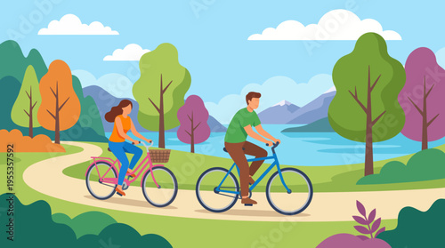 Two cyclists enjoy a sunny day biking along a beautiful nature trail, surrounded by vibrant trees and stunning mountains, evoking a sense of adventure and freedom.