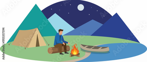 A solitary camper sits by a warm campfire under a starry night sky, reflecting on peace and solitude amidst the beauty of nature in a tranquil camping setting.