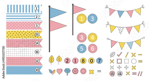 Hand-drawn style bunting for party decorations includes pennant banners, circles, leaves, hearts, flowers, and numbers to design invitations and scrapbook projects with a happy, fun mood.