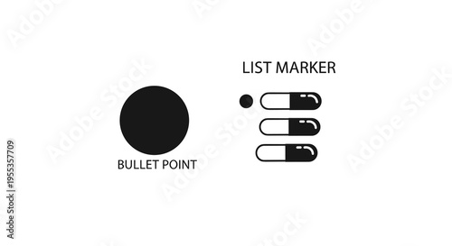 Concept image illustrating different types of list markers on a white background, simple and iconic representations for bullet points and list formatting, clean modern design for graphic use.