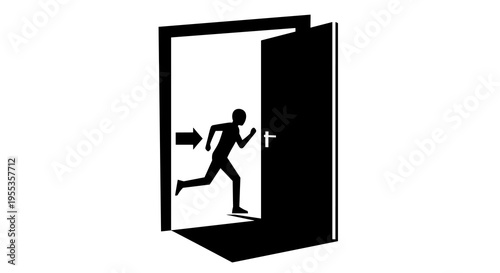 Emergency exit sign depicting a person fleeing through a door, emphasizing safety and urgency in a workplace or public building, symbolizing escape during critical situations