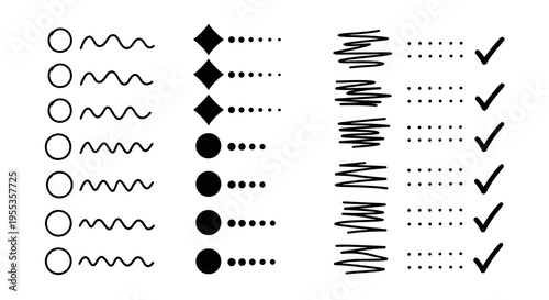 Hand-drawn style editable bullet point list with different stylish markers, checkboxes, circles, rhombus. Organized elements for creating informational content with a playful mood