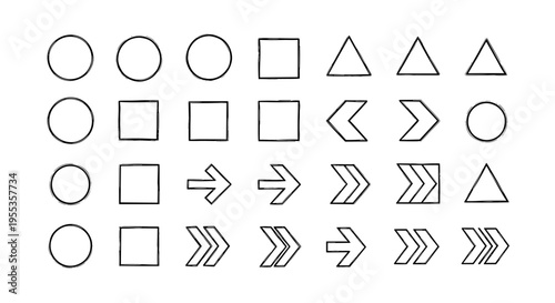 Geometric pattern of circles, squares, triangles, and arrows arranged in rows and columns on a white background creating a backdrop with a clean, simple, and modern appearance.