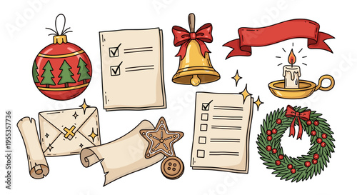 Christmas season holiday card design featuring an ornament, to do list, a bell, banner, candle, present, gingerbread cookie and wreath for social media, blogs and websites.