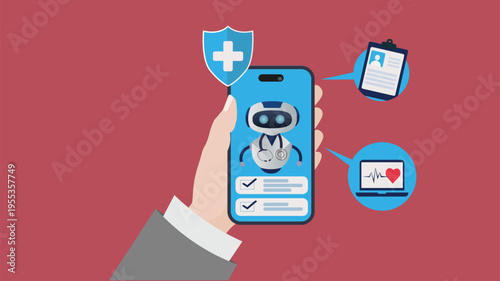 AI Healthcare App Mobile Interface with Medical Robot Doctor Telemedicine Digital Health Concept	
