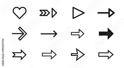 Assorted forward pointing arrows and a heart icon, symbolising love, direction, navigation, guidance, moving forward towards dreams and objectives with hope and affection.