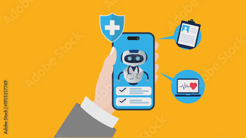 AI Healthcare App Mobile Interface with Medical Robot Doctor Telemedicine Digital Health Concept	