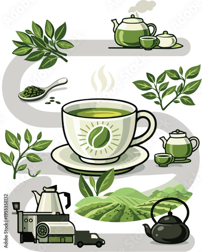 set of icons of tools and equipment for brewing, preparing and growing tea, for thematic printing, social networks or thematic packaging