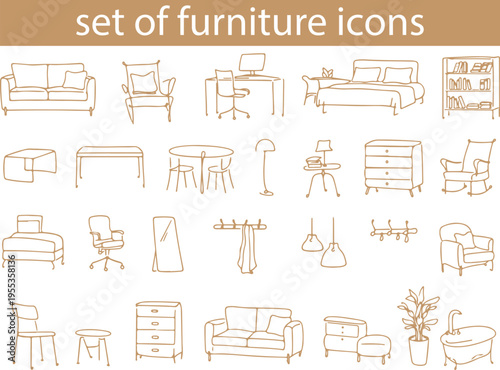 set of icons of various furniture and fixtures for home furnishings in line art style, for backgrounds, social networks, printing or other thematic designs