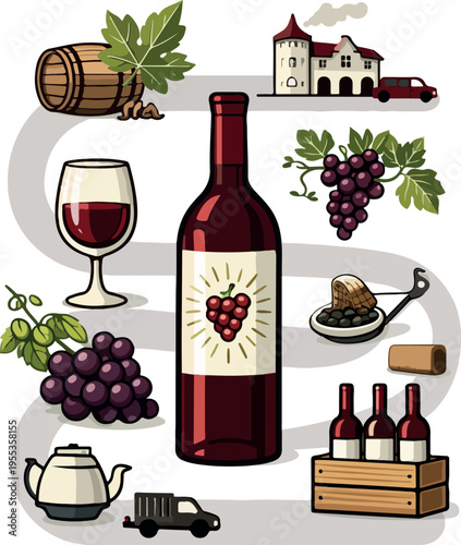 set of icons of tools and equipment for making wine and growing cerevona for the drink, for thematic printing, social networks or thematic packaging