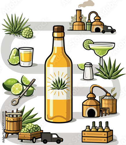 set of icons of tools and equipment for making tequila and growing cerevona for the drink, for thematic printing, social networks or thematic packaging