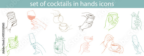 set of icons of various alcoholic and non-alcoholic drinks in different glasses and human hands holding these glasses, for menus, social networks or logos