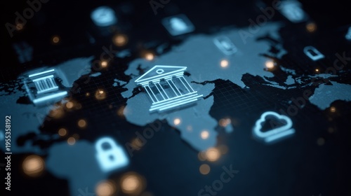 Digital map showing global bank icons and security symbols on a dark background with glowing lights representing connections
