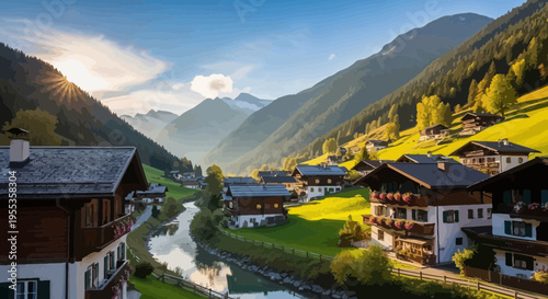 Scenic Alpine Village Landscape with River and Mountains at Sunset