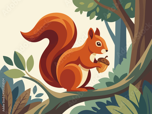 A vibrant illustration showing a squirrel holding an acorn while perched on a tree branch in a lush green forest, capturing the essence of wildlife and nature.