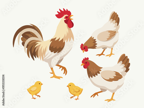 A charming illustration featuring a rooster and several chickens, showcasing the vibrancy and liveliness of farm life with yellow chicks and natural colors in a rural setting.