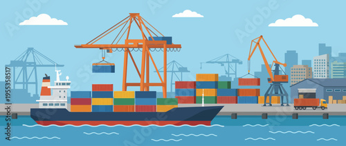 A vibrant illustration featuring a cargo ship at a bustling port, highlighting the logistics and commerce involved in global trade and the transportation of goods.