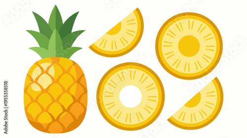 A bright and colorful illustration of a fresh pineapple alongside its slices, emphasizing the tropical fruit's aesthetic and appealing visual freshness with vibrant colors.
