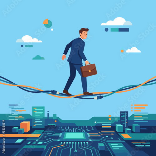 A businessman confidently walking on wires above a vibrant tech landscape, symbolizing the balance between risk and innovation in the digital age of business and technology.