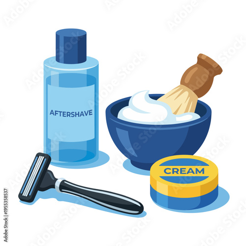 A vibrant illustration of grooming essentials including aftershave, shaving cream, and a razor, highlighting an everyday routine of self-care and personal grooming.