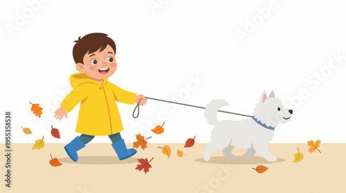 A cheerful illustration of a young boy joyfully walking his fluffy dog amidst falling autumn leaves, capturing the essence of friendship and outdoor adventure in vibrant colors.