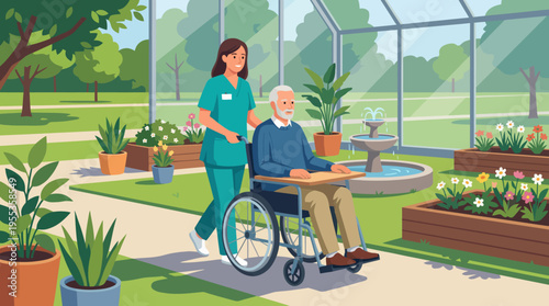 This heartwarming illustration depicts a caregiver pushing a wheelchair with an elderly man in a serene garden environment, highlighting compassion and care in senior living.