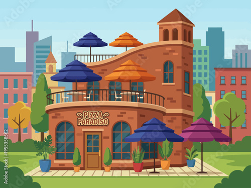 This vibrant illustration showcases a pizza shop with a cozy outdoor seating area adorned with colorful umbrellas, perfect for conveying a lively and inviting dining atmosphere.
