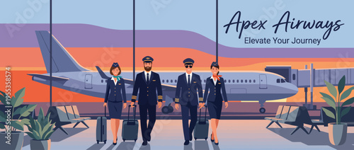 A professional airline crew confidently walking through an airport terminal, embodying the spirit of travel and adventure while ensuring a pleasant journey for passengers.