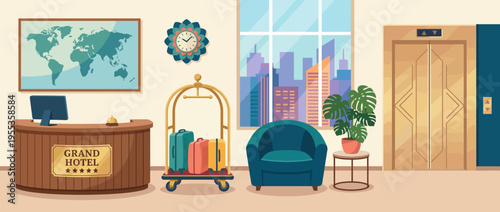 An elegantly designed hotel reception area, featuring modern decor and comfort elements, inviting guests into a warm and welcoming environment upon arrival.