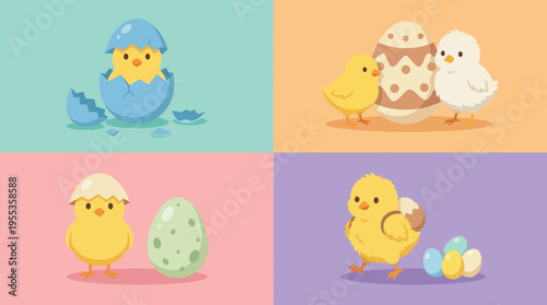 A delightful Easter-themed illustration showcasing adorable baby chicks and colorful eggs, capturing the essence of renewal, joy, and seasonal celebration.