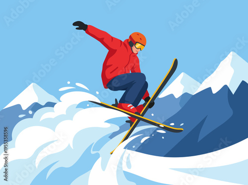 A dynamic scene of a skilled skier executing a jump on snow-covered mountains, showcasing thrill and excitement in a winter sports setting amidst a clear blue sky.